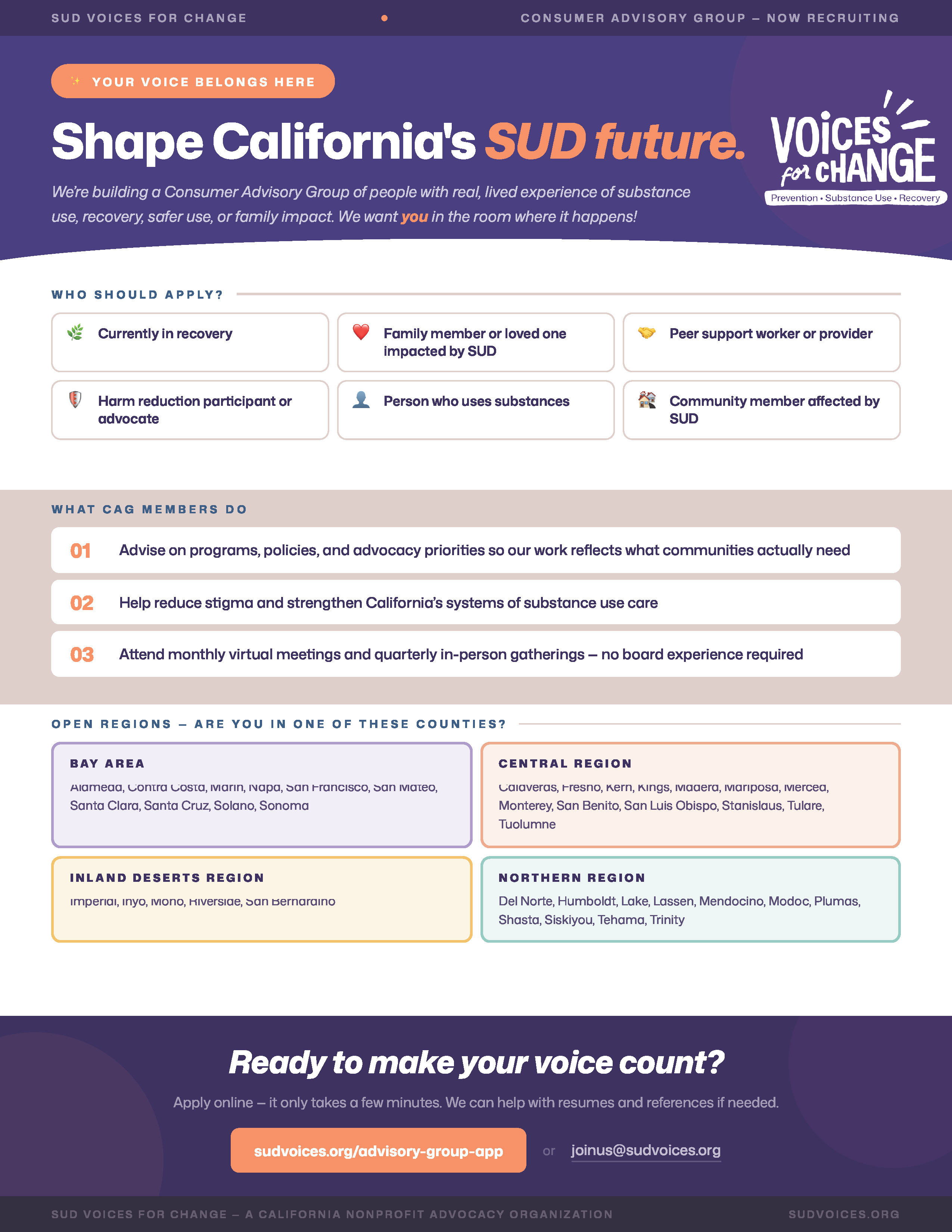 Join the SUD Voices for Change Consumer Advisory Group