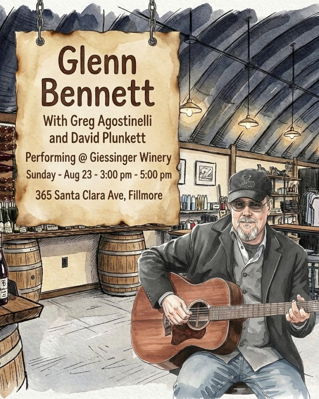 Live acoustic music at Giessinger Winery & Cidery in Fillmore.